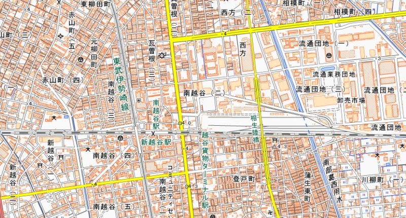 越谷市南越谷2丁目、西方周辺の位置（国土地理院HPから）