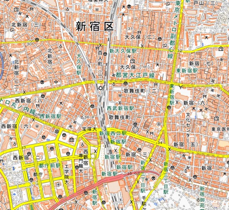 山手線・新大久保―新宿間の位置（国土地理院HPから）