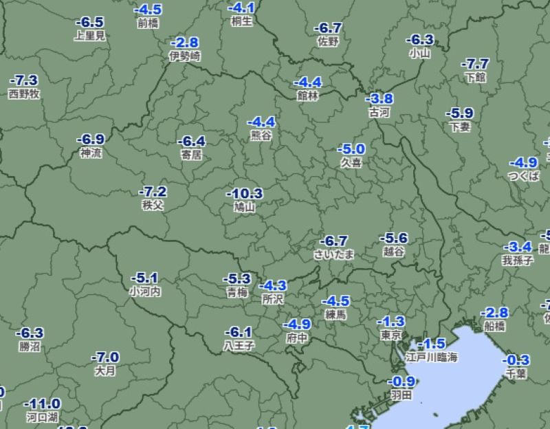 埼玉と東京の各地の気温（23日午前6時のアメダス速報値、気象庁HPから）