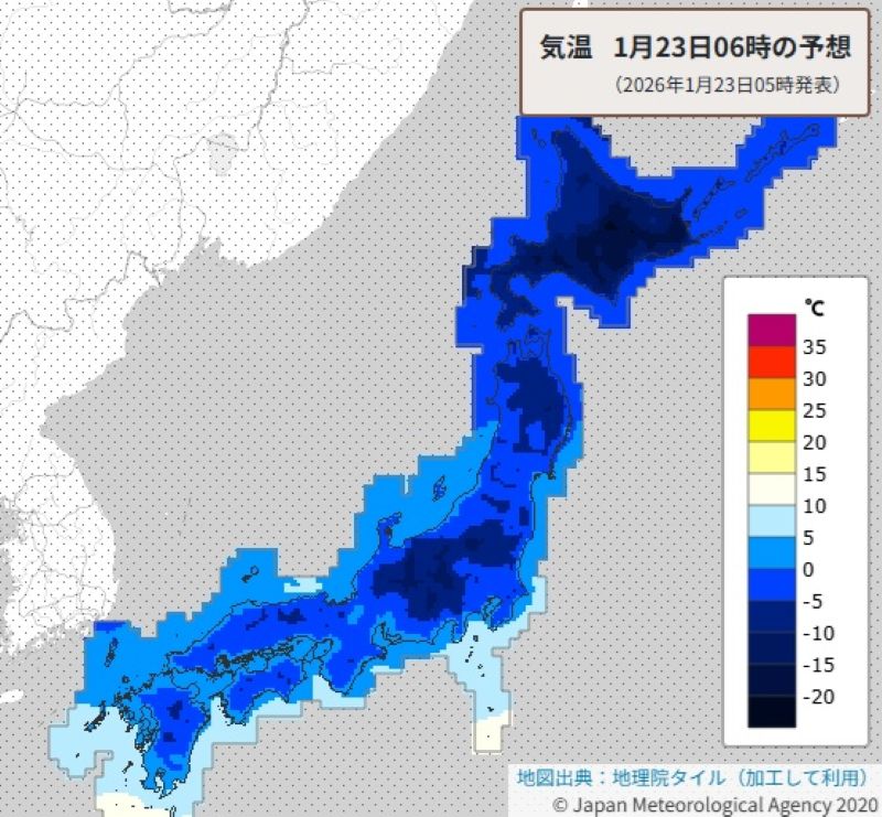 今朝の気温（23日午前6時の予想、気象庁HPから）