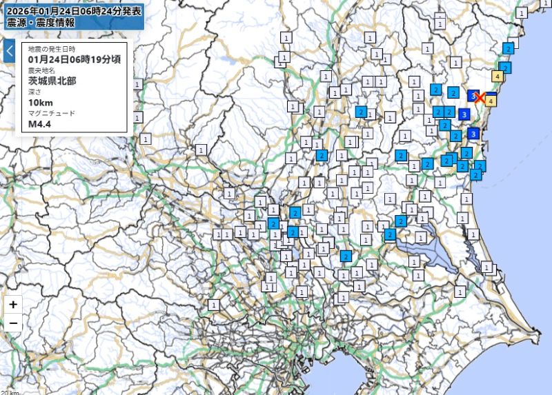 関東南部の各都市の震度分布（気象庁HPから）
