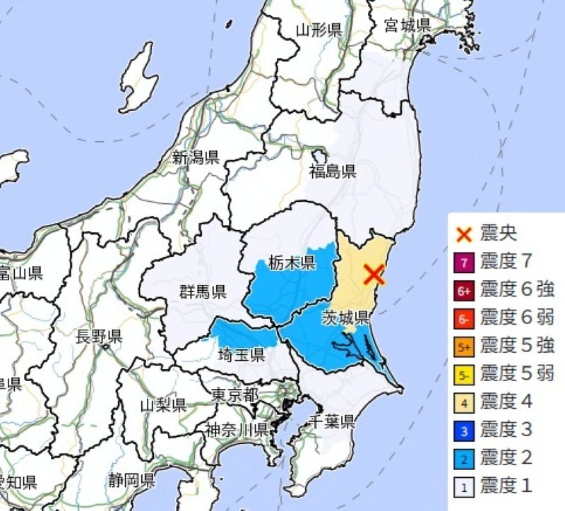 震源と震度分布（24日午前6時19分ごろ、気象庁HPから）
