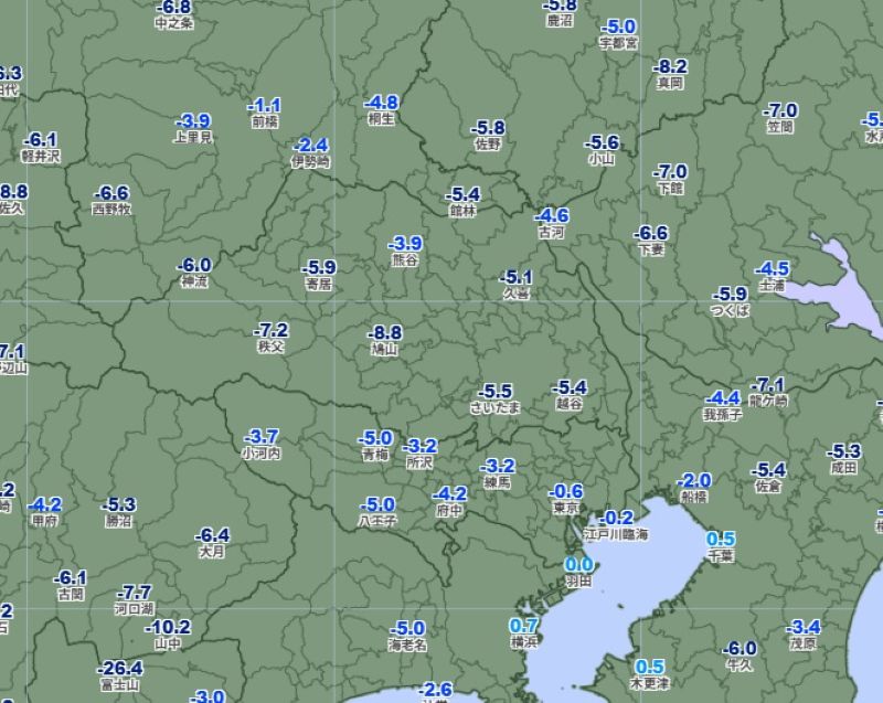 埼玉、東京の今朝の各地の気温（24日午前6時、気象庁HPから