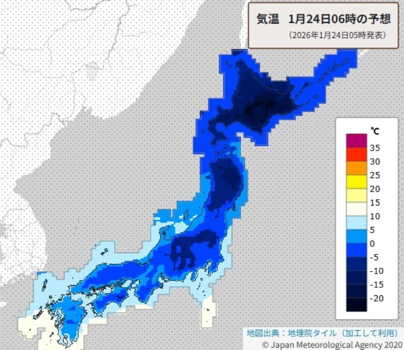 今朝の気温（24日午前6時の予想、気象庁HPから）