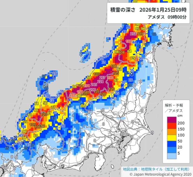 積雪の深さ（25日午前9時アメダス、気象HPから）