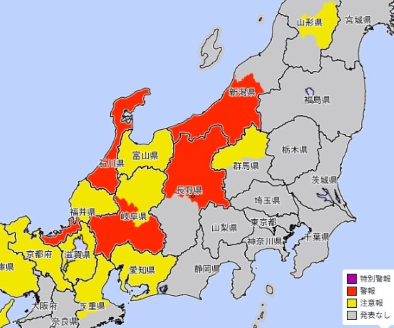 大雪警報・注意報が出ているエリア（25日、気象庁HPから）