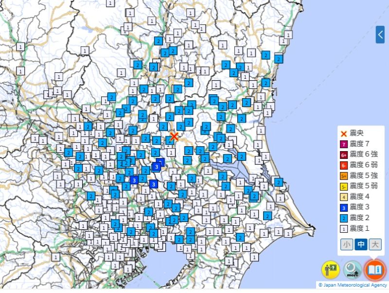 震源地と各都市の震度（25日午前11時46分ごろ　気象庁HPから）