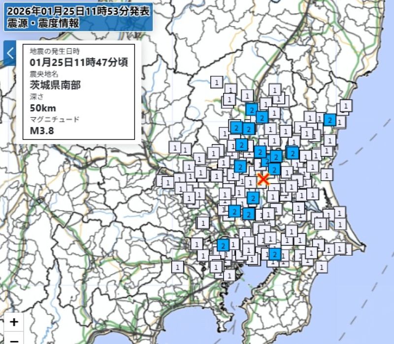 2度目の地震の震源地と各都市の震度（25日午前11時47分ごろ　気象庁HPから）