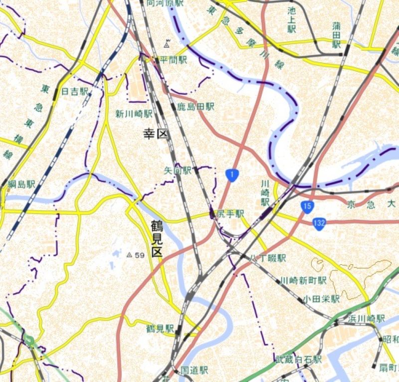 蒲田―鶴見間の位置（国土地理院HPから）