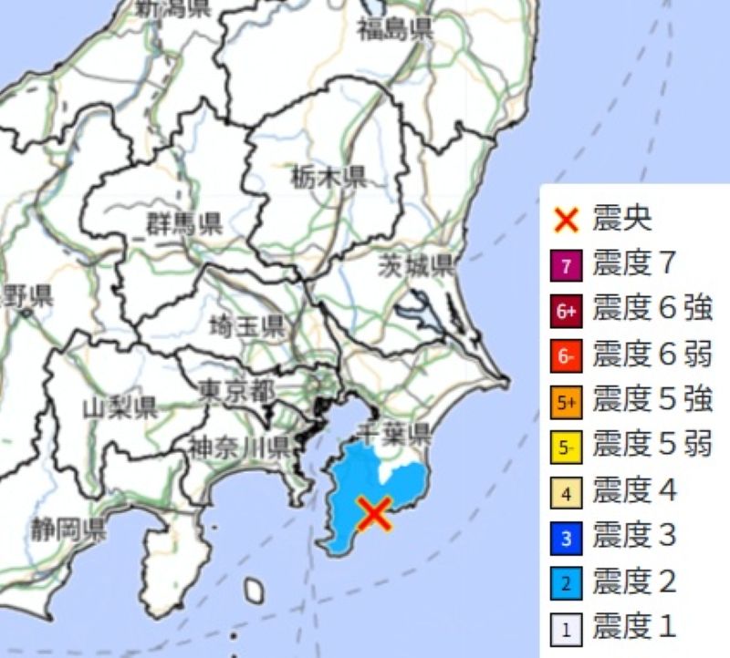 2回目の地震の震源と震度分布（29日午前10時40分）＝気象庁HPから