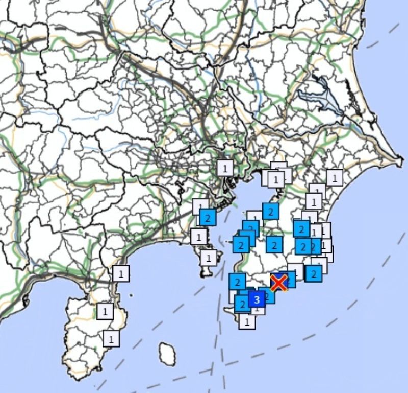 震源と各地の震度（29日午前11時47分ごろ、気象庁HPから）