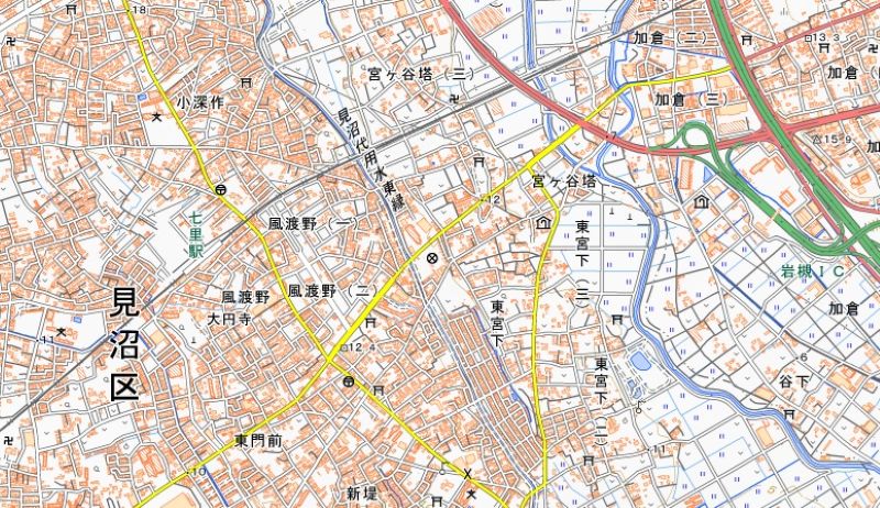 埼玉県さいたま市見沼区宮ケ谷塔西―同区七里駅入口（国土地理院HPから）