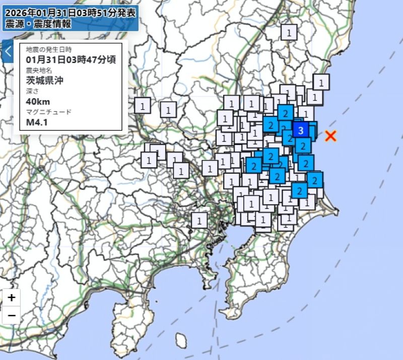 震源と震度分布（31日午前3時47分ごろ）＝気象庁HPから