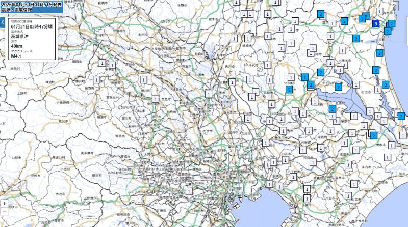 埼玉と東京の各都市の震度（31日午前3時47分ごろ）＝気象庁HPから