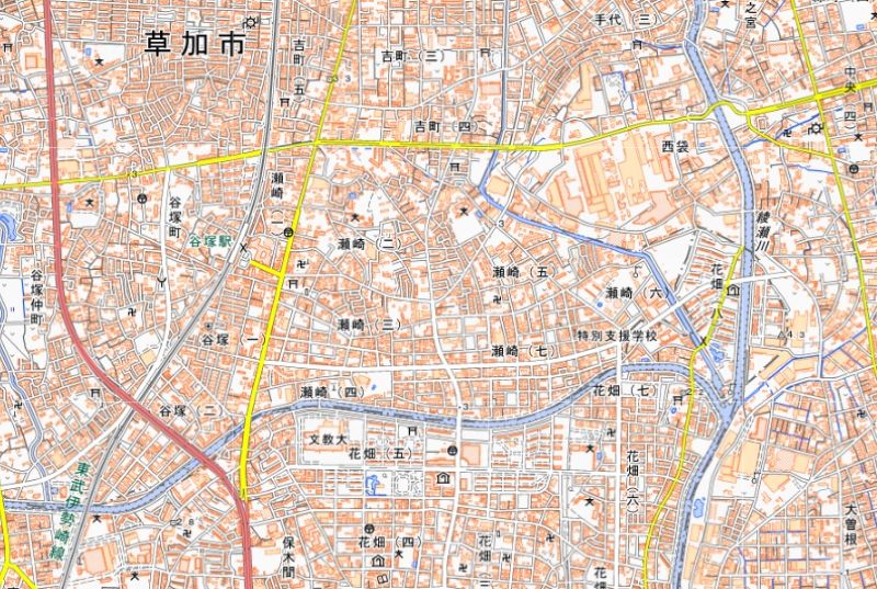 草加市瀬崎4丁目、瀬崎6丁目、瀬崎7丁目、瀬崎町の位置＝国土地理院HPから
