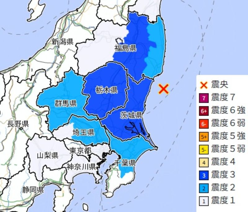 震源と震度分布（3日午後6時3分、気象庁HPから）