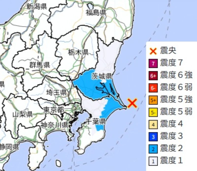 震源と震度分布（3日午前3時36分ごろ）＝気象庁HPから