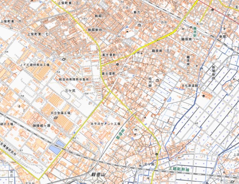 熊谷市（拾六間、武体、新堀新田、三ヶ尻）の位置＝国土地理院HPから
