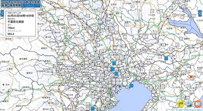 埼玉と東京の各都市の震度（5日午前9時19分ごろ）＝気象庁HPから