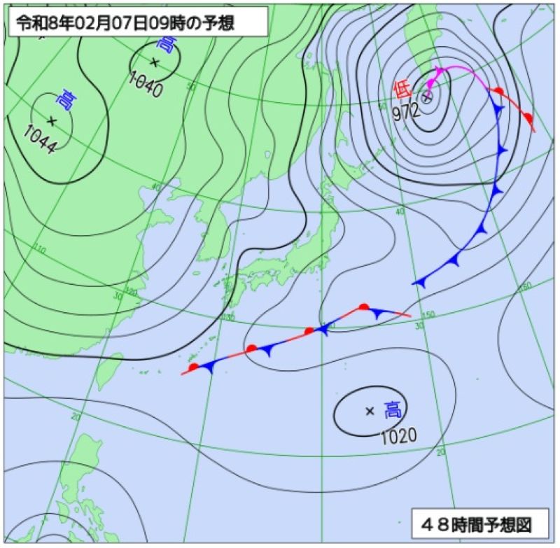 7日午前9時の予想天気図（気圧配置）＝気象庁HPから