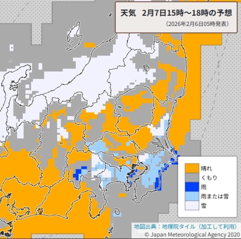 あす夕方の天気予報（7日午後3時～午後6時の予想）＝気象庁HPから（6日午前5時の解析）