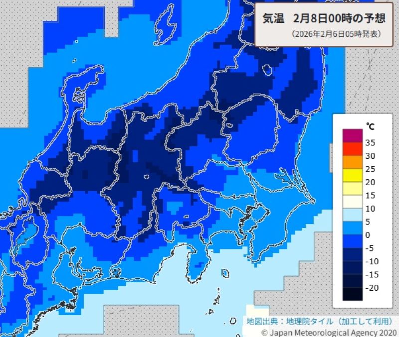 あす深夜の気温（8日午前0時の予想）＝気象庁HPから（6日午前5時発表）