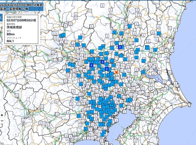 各都市の震度（7日午前0時58分ごろ）＝気象庁HPから