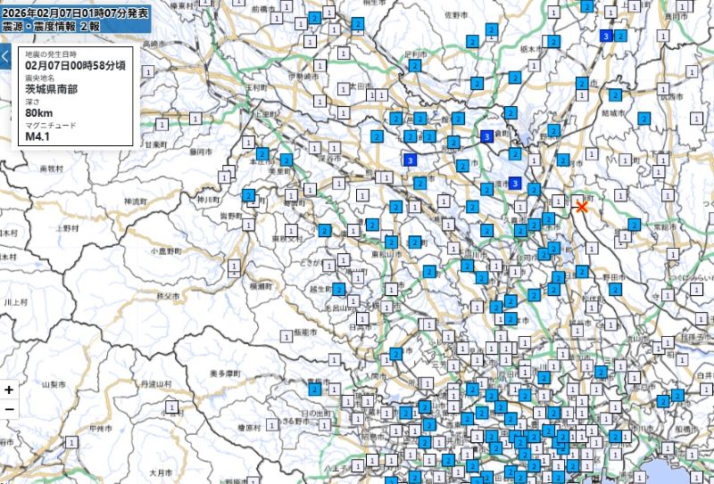 埼玉各地の震度（7日午前0時58分ごろ）＝気象庁HPから