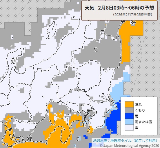 ④雪の範囲（8日午前3時～午前6時の予想）＝気象庁HPから（7日午前5時発表）
