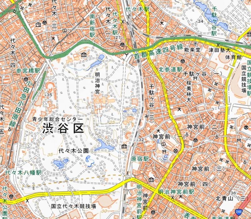 東京都渋谷区千駄ヶ谷3丁目の位置＝国土地理院HPから