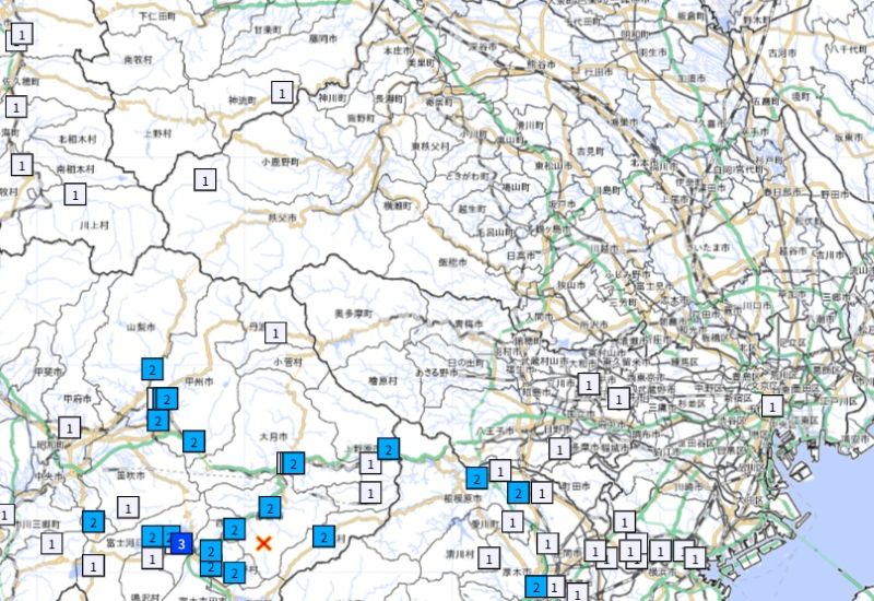 震源と東京と埼玉の震度分布（7日午後8時1分ごろ、気象庁HPから）