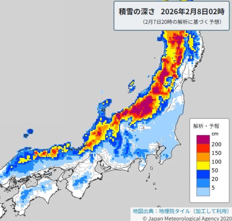 積雪の深さの予想（8日午前2時）＝気象庁HPから