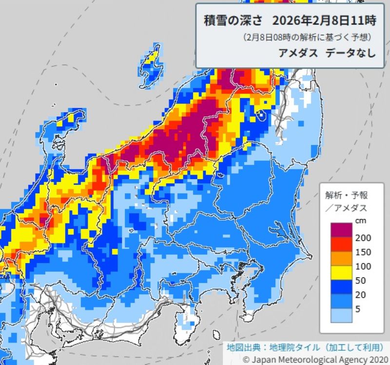 積雪の深さの予報（8日午前11時）＝気象庁HPから（8日午前8時の解析）