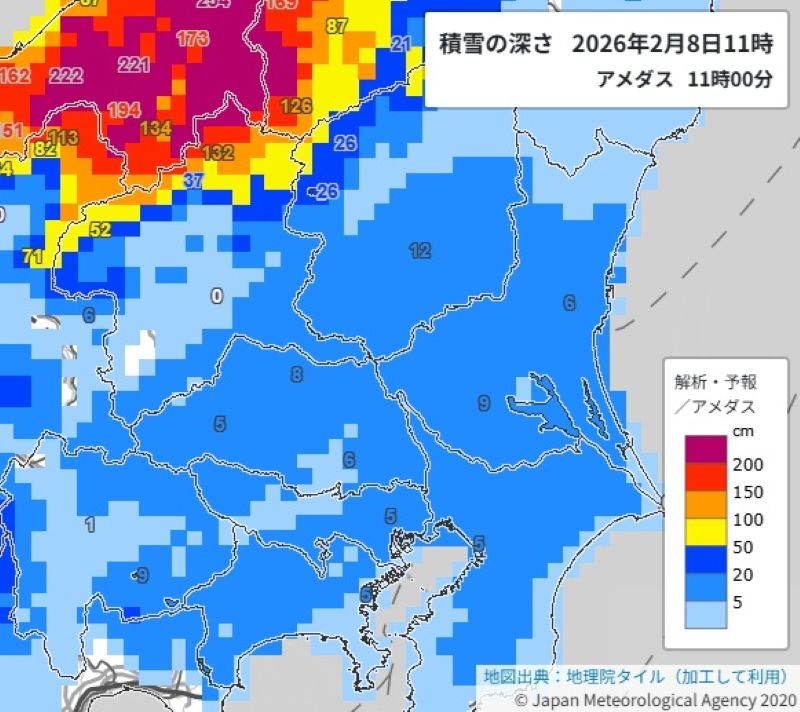 関東各地の積雪の深さ（8日午前11時、アメダス速報値）＝気象庁HPから