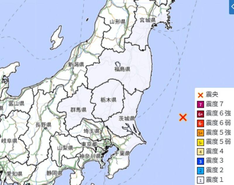震源と震度分布（8日午前10時59分ごろ）＝気象庁HPから