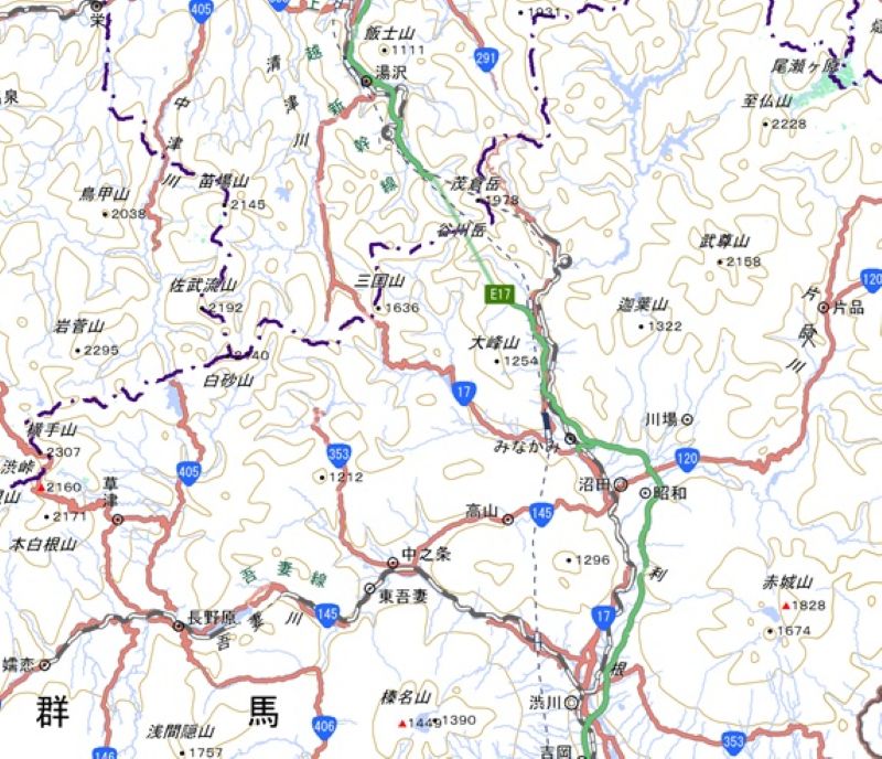 関越道の渋川伊香保IC―湯沢ICの位置（国土地理院HPから）