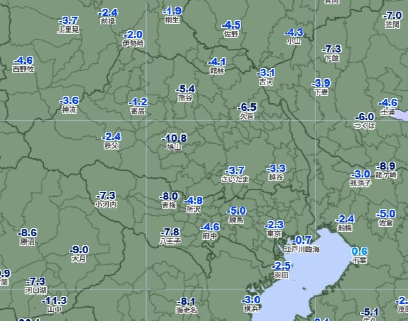 埼玉、東京の各都市の気温（9日午前4時50分）＝気象庁HPから（アメダス速報値）