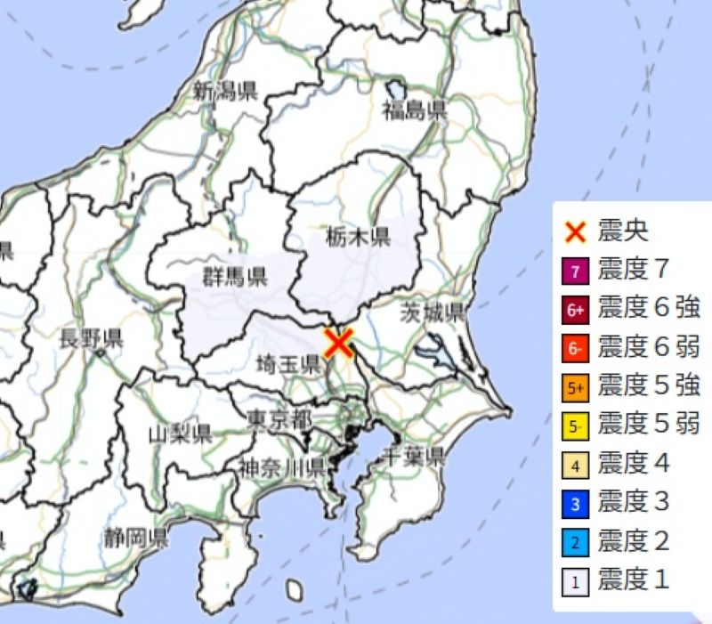 震源と震度分布（9日午後9時28分ごろ、気象庁HPから）