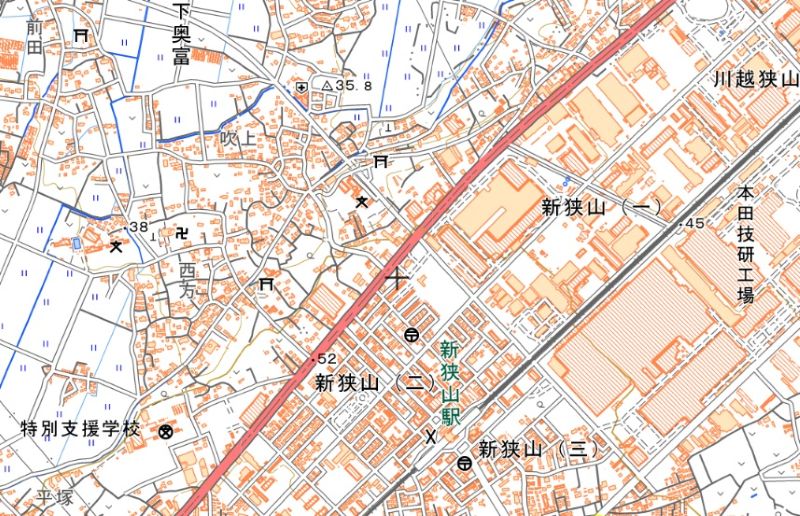 「角上魚類　狭山店」の位置（地図の中央付近）＝国土地理院HPから