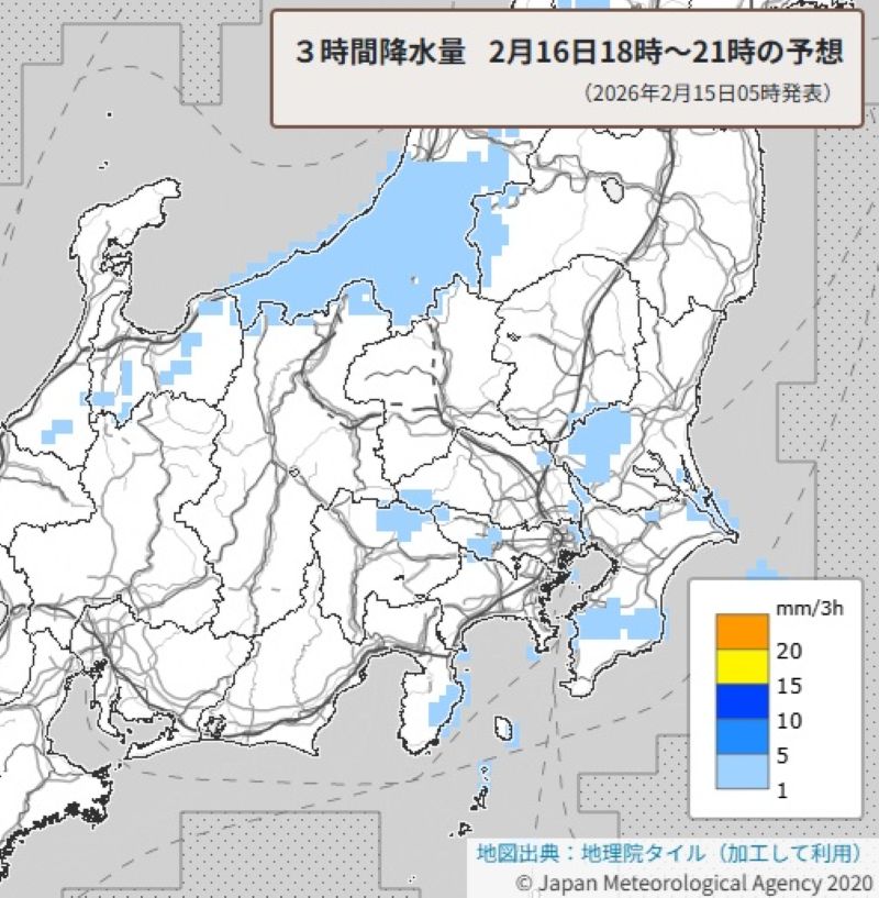 3時間降水量（16日午後6時～9時の予想）＝気象庁HPから（15日午前5時発表）
