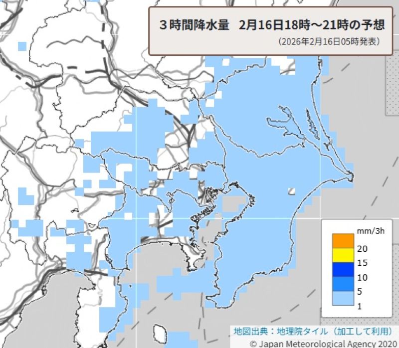 3時間降水量（16日午後6時～9時の予想）＝気象庁HPから（16日午前5時発表）