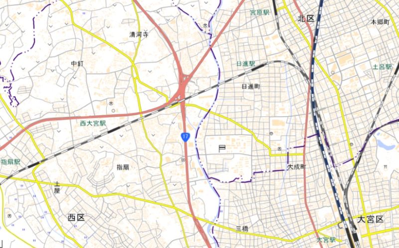 日進―西大宮駅間の位置（国土地理院HPから）