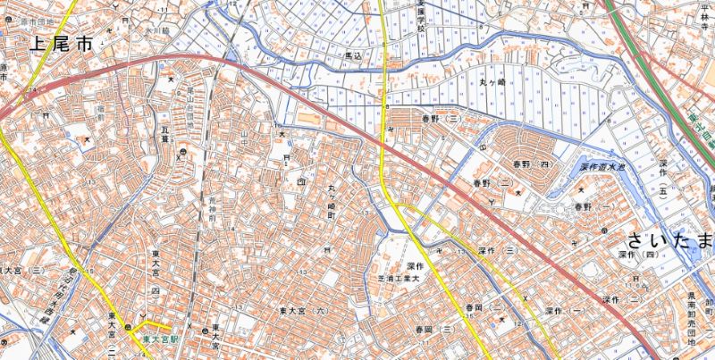 さいたま市見沼区丸ケ崎町の位置（地図中央付近）＝国土地理院HPから