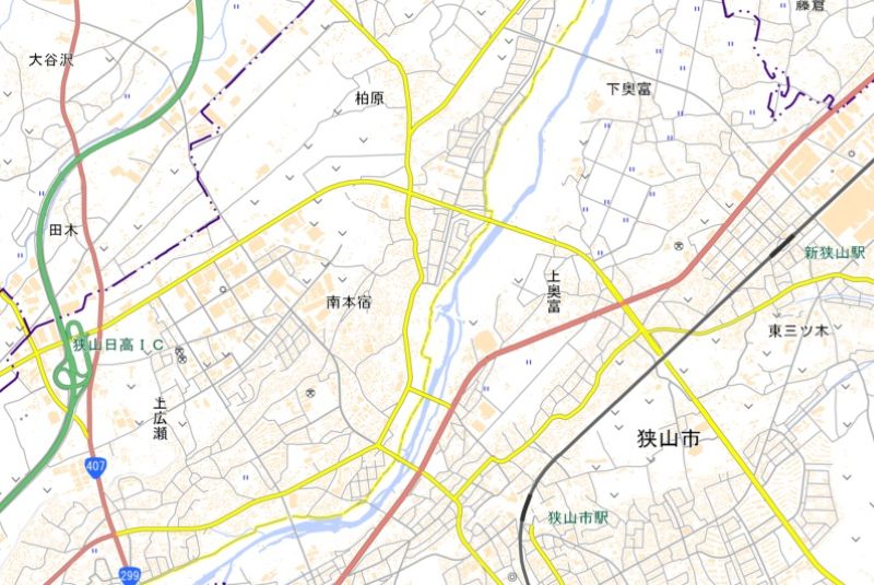 狭山市柏原の位置（地図中央上）＝国土地理院HPから