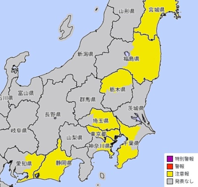 強風注意報が発表されているエリア＝気象庁HPから（19日）