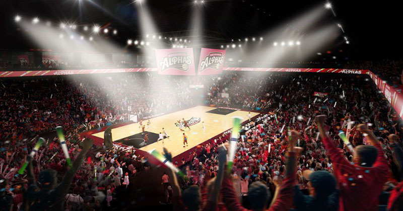 説明会で示されたホームアリーナ内部のイメージパース（越谷アルファーズ提供）