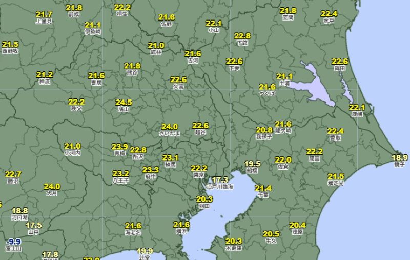 各地の気温（23日午後1時30分、アメダス速報値）＝気象庁HPから