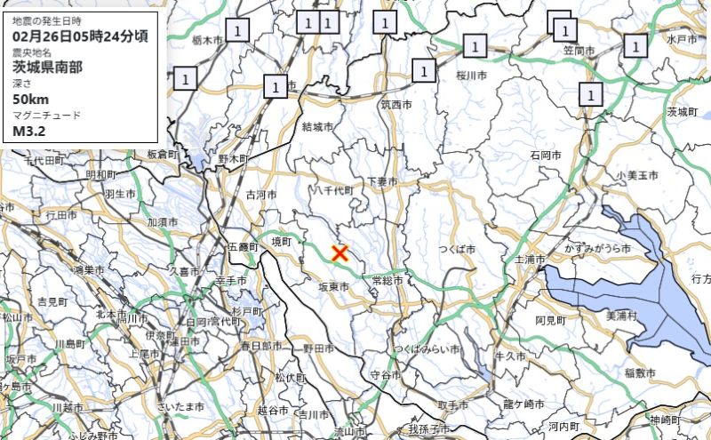 震源と各都市の震度（26日午前5時24分ごろ）＝気象庁HPから
