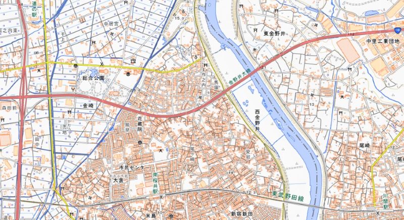 国道16号の埼玉県春日部市南桜井駅入口―同市西金野井間（地図中央付近）＝国土地理院HPから