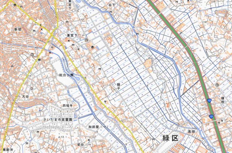 埼玉県さいたま市見沼区膝子（地図中央付近）＝国土地理院HPから